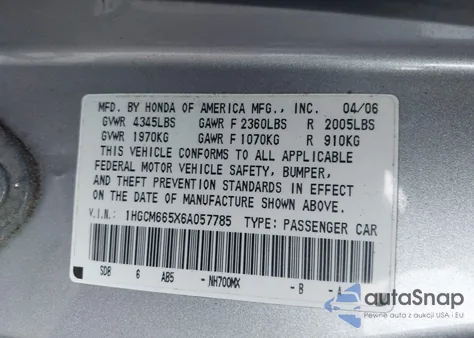 2006 Honda Accord 3.0 Ex z USA, uszkodzony, nr VIN 1HGCM665X6A057785